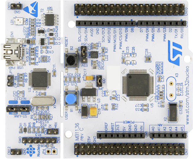 Nucleo 64 with STM32F401RE MCU front image hardware assembly