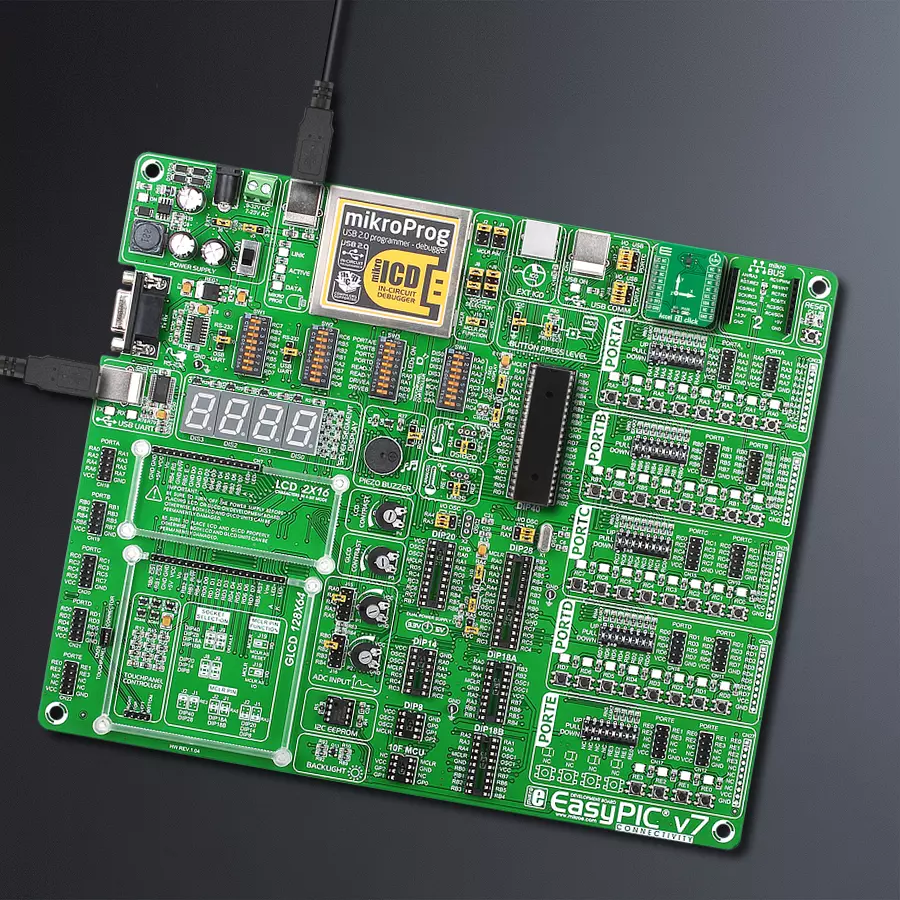 EasyPIC v7 Access MB 1 - upright/background hardware assembly