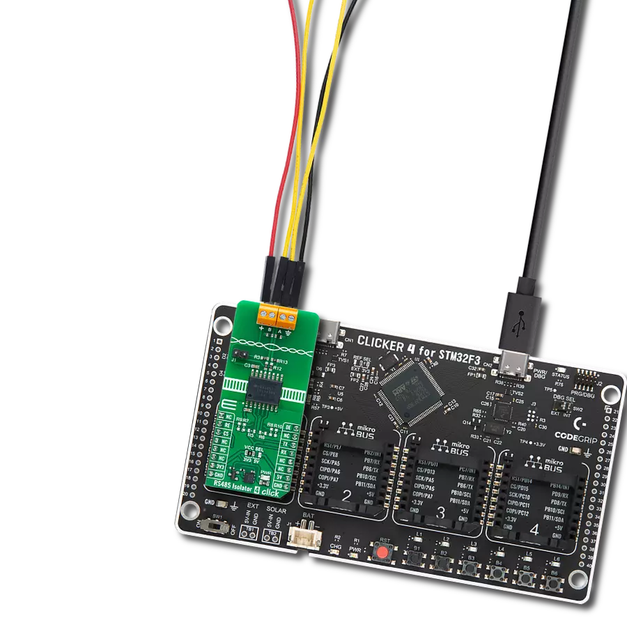 使用ISO1450和STM32F302VC在发射器和接收器之间提供电气隔离，以增强电气安全性