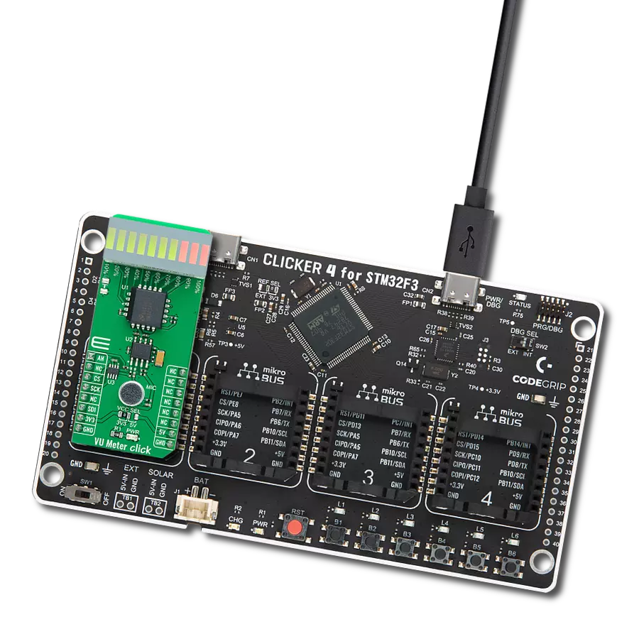 Displays the intensity of an audio signal using LM3914 and STM32F302VC