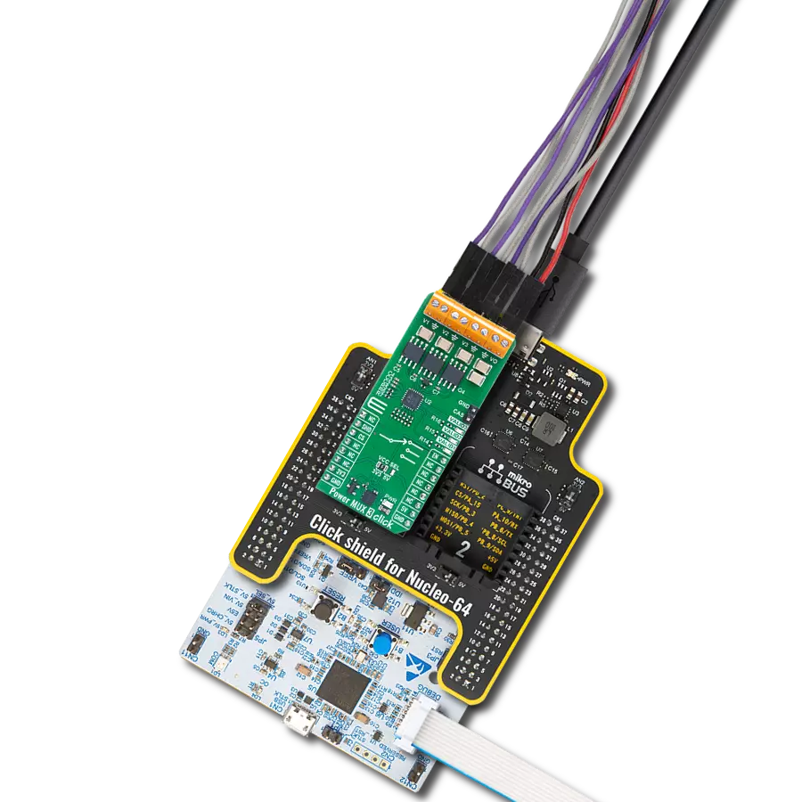 Power MUX 3 Click with Nucleo 64 with STM32G474RE MCU