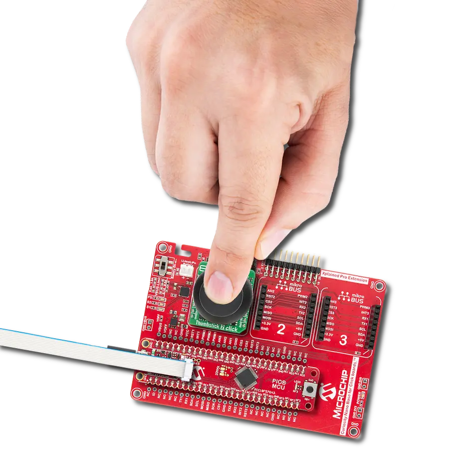 Add precise two-axis joystick control with tactile feedback using the THB001P, VZ43FC1B5640007L, and PIC18F57Q43