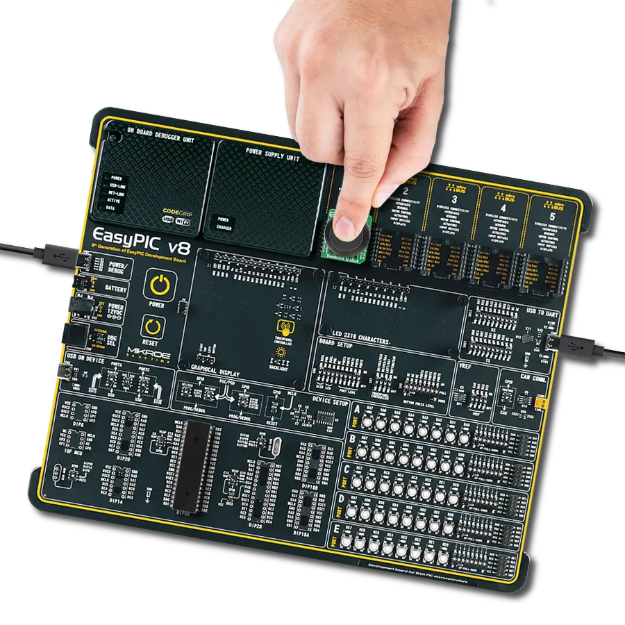 Add precise two-axis joystick control with tactile feedback using the THB001P, VZ43FC1B5640007L, and PIC18F46K22