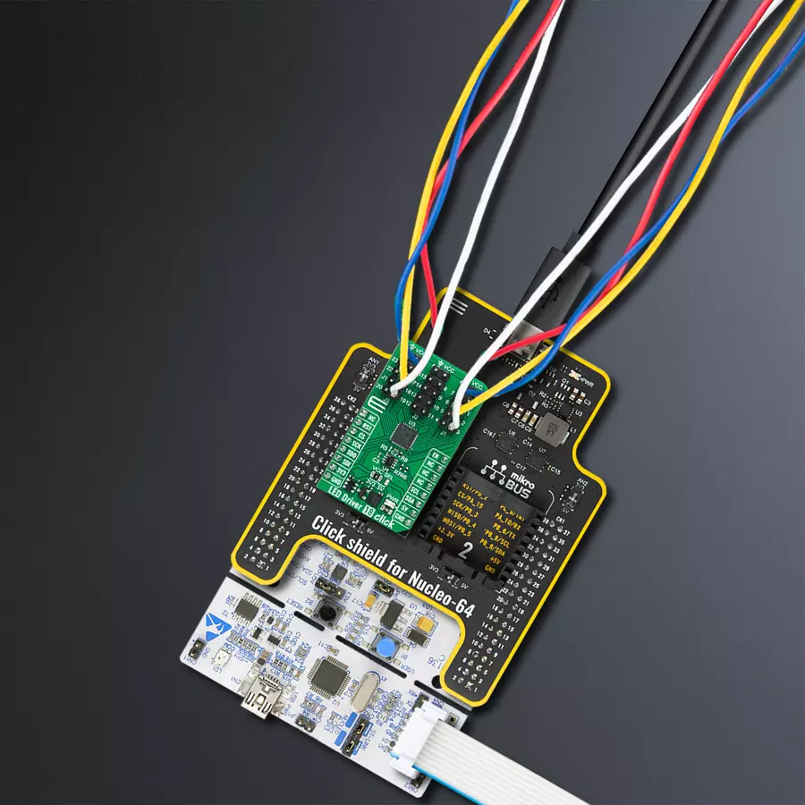 Nucleo-64 with STM32XXX MCU Access MB 1 Mini B Conn - upright/background hardware assembly