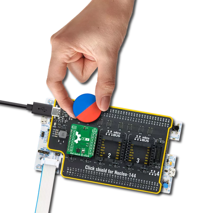 Hall Switch 3 Click with Nucleo 144 with STM32F413ZH MCU