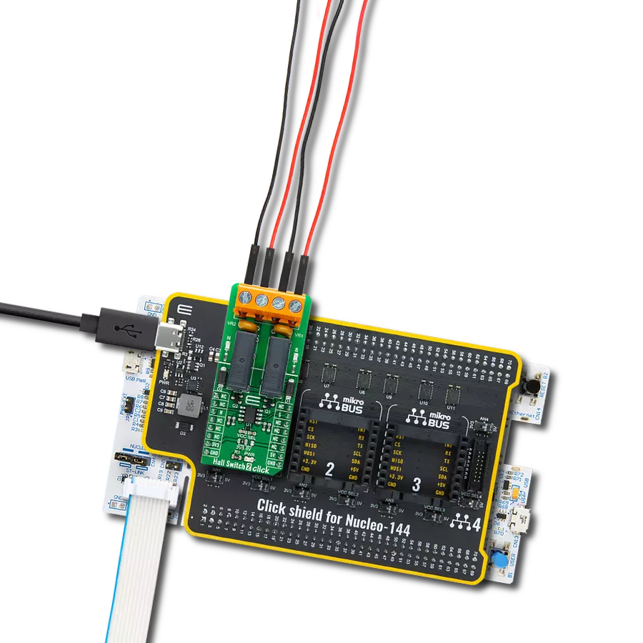 Hall Switch 2 Click with Nucleo 144 with STM32F413ZH MCU